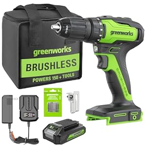 Greenworks 24V Brushless Cordless Drill Kit, 310 in./lbs, 18+1 Position Clutch, 1/2 ” Keyless Chuck, Variable Speed, Battery With 2A Charger, LED Light