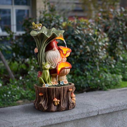 Kalona Gnome Outdoor Waterfall Fountain with LED Lights, Resin Tree Stump Waterfall Fountain for Patio Balcony Yard, 21" Tall Garden Water Feature 25007 - Image 5