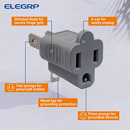 Elegrp 2 To 3 Prong Grounding Adapter Outlet, 2-Prong To 3-Prong Adapter Converters For Wall Outlets Plugs, Portable Polarized Outlet Extender For Household Appliances, Etl Listed, 5 Packs, Gray #TOP2
