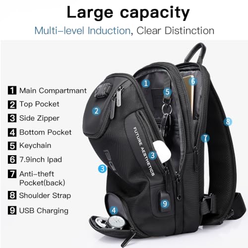 Image of BANGE Anti theft Sling Backpack with Lock, Men's Sling Bag for Men, Shoulder Crossbody Backpack with USB Charging Port for Men and Women