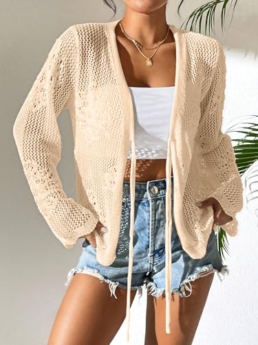 Image of Womens Tie Front Lightweight Crochet Cardigan Shrugs Knit Cardigan Crop Tops Cover Up