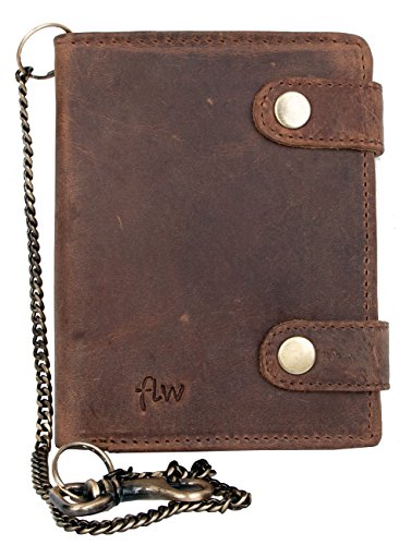 Genuine Leather Biker's Wallet with Two Buckles and Metal Chain
