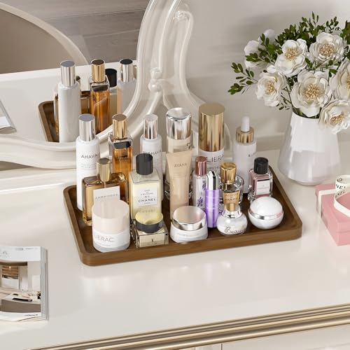 Image of Weenson Bathroom Vanity Tray for Countertop Decor Perfume Makeup Toiletries Toilet Tank, Large Bamboo Kitchen Tray for Spice Salt, Serving Tray for Food Coffee, Nightstand Candle Brown 14.2 inchx8.3 inch