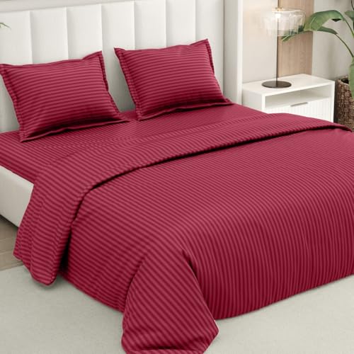 Image of Rivermoor Ultrasoft Bedsheet for Double Bed | Queen Size Bed Sheet with 2 Pillow Covers | Maroon Satin Stripe | 90 x 98 Inches | Breathable & Hypoallergenic