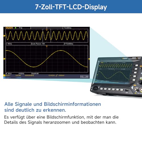 OWON Digitales Oszilloskop mit 4 Kanälen und Bildschirm 7 Zoll/18 cm, TFT-LCD-Display, tragbares professionelles Oszilloskop-Kit mit 1GS/s Abtastrate, Bandbreite 200MH, SDS220