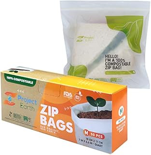Compostable Ziplock Bags, 50 Count Quart | Freezer, Sandwich, Food Storage & More | Resealable Lock | Biodegradable Responsible Product | BPA Free
