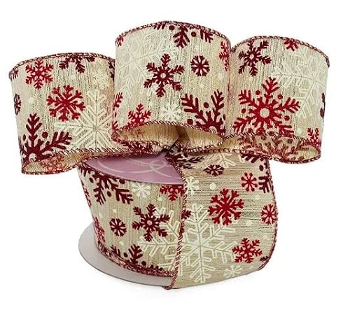 Red & Gold Snowflakes Christmas Ribbon - 2 1/2" x 10 Yards, Wired Edge, Wreath, Garland, DIY Crafts, Presents, Wreath, Gift Wrapping, Bows, Winter Holidays, Boxing Day, Fundraiser
