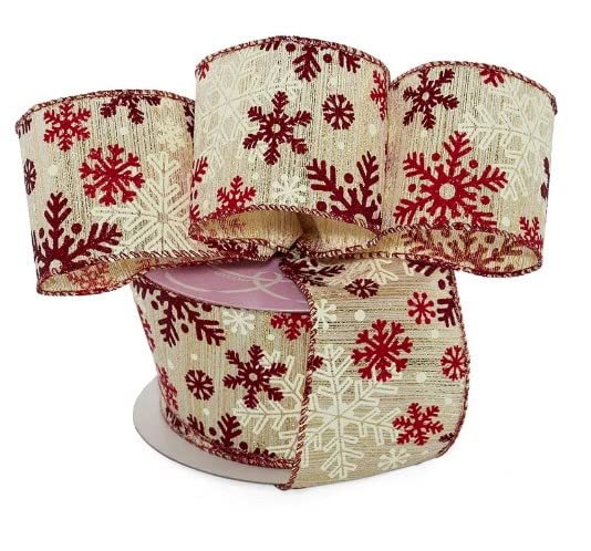 Image of White Snowflakes Wired Christmas Ribbon - 2 1 /2 inch x 10 Yards, White Snowflakes on Red Ribbon, Wreath, Garland, DIY Crafts, Presents, Wreath, Gift Wrapping, Bows, Winter Holidays, Boxing Day, Fundraiser
