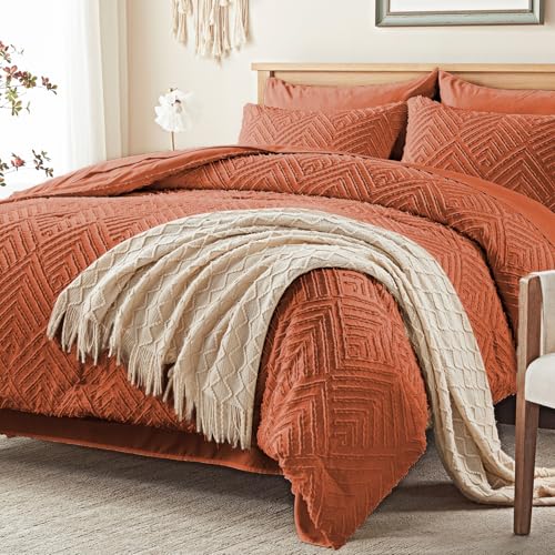 Image of Zzlpp Full Comforter Set 7 Pieces, Burnt Orange Tufted Bed in a Bag with Comforter, 2 Pillow Shams, 2 Pillowcases, 1 Flat Sheet, 1 Fitted Sheet