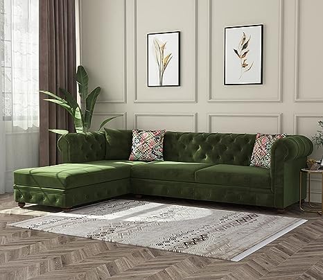 Image of Solid Wood Velvet Fabric L Shape Sofa Sofa for Living Room Button Tufted Sofa Chair for Home & Office (Left Aligned L-Shaped (Right Aligned L-Shaped Green)