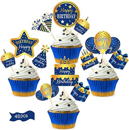 48Pcs Happy Birthday Cake Toppers Decorations for Boys Men, Blue Gold Birthday Cupcake Toppers Sign Decor, 16th 21st 30th 40th 50th 60th 70th Bday Cupcake Picks Party Supplies
