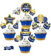 48Pcs Happy Birthday Cake Toppers Decorations for Boys Men, Blue Gold Birthday Cupcake Toppers Si...