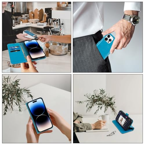 Image of MONASAY Vegan Leather Fit for iPhone 14 Pro Max 5G Wallet Case, 6.7-inch, [Glass Screen Protector Included] [RFID Blocking] Flip Folio Phone Cover with Credit Card Holder,Light Blue