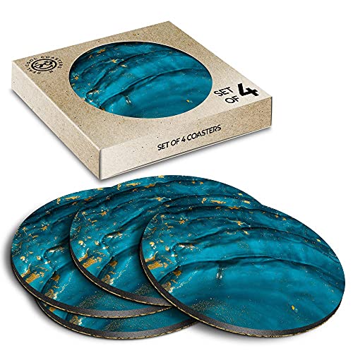 4 x Eco Boxed Cork Coasters - Blue Teal Turquoise Ink Art Drink Cup Mug Glass Table Mat #2094