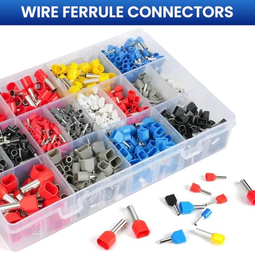 Image of Serplex 1200pcs Wire Ferrules Terminals Kit with 900 Single Terminal Connectors (up to 16mm) & 300 Double Wire Terminals, Dual Barrel Ferrules Connectors Insulated Ferrule Crimp Pins for AWG 22-5