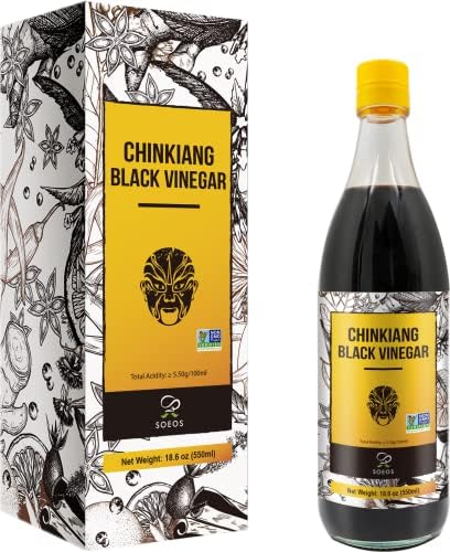 Soeos Chinkiang Vinegar, 18.6 fl oz (550ml), Chinese Black Vinegar, Traditional Black Chinese Vinegar, Organic Black Vinegar, Zhenjiang Black Vinegar, Zhenjiang Xiangcu, Black Rice Vinegar | Condiment for Cooking Noodles, Braised Meat, Cold Appetizers
