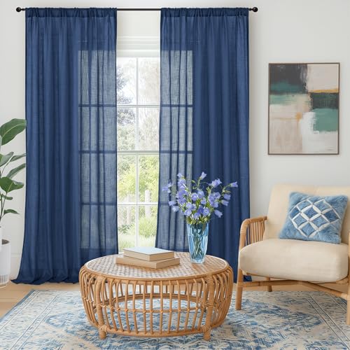 Image of BGment Linen Navy Blue Curtains 90 Inch Length for Living Room, Semi Sheer Window Drapes Lightweight for Dining Room Bedroom Decor Light Filtering with Rod Pocket, 2 Panels Set, Each 52 Inch Wide