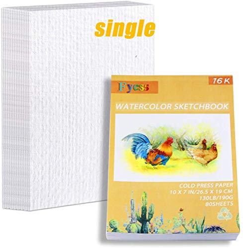 Fyess 80 Sheet 16K White Watercolor Paper Cold Press Cut Bulk,130 IB / 190 GSM Weight,Water Painting Art Notebook Pad,Watercolor Sketchbook,Painting Paper for Beginning Artists or Students(10x7 Inch)