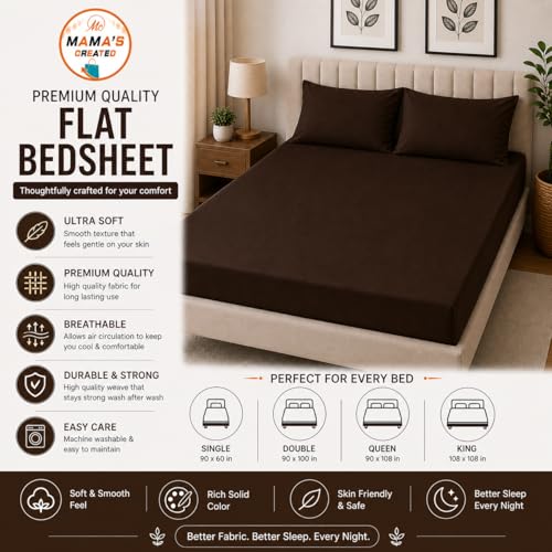 Image of Double Size Bed Sheet - 600 Thread Count Single Flat Sheet Only - Long Staple Egyptian Cotton Top Sheet Wrinkle & Fade Resistant - Chocolate