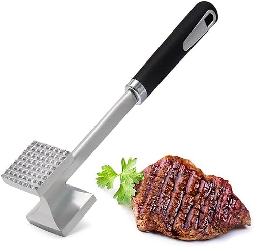 Duse4 Meat Tenderizer Dual Hammer Function Pounder Tool with Textured Side and Flat Side For Tenderizing Steak Beef Poultry 10.8'' Length, Black and Silver