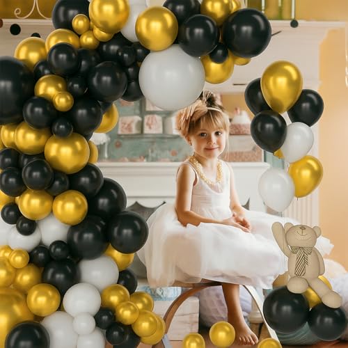 Image of Rozi Decoration Party Balloons Metallic HD for Birthday, Anniversary, Baby Shower Black, White and Gold - Pack of 100