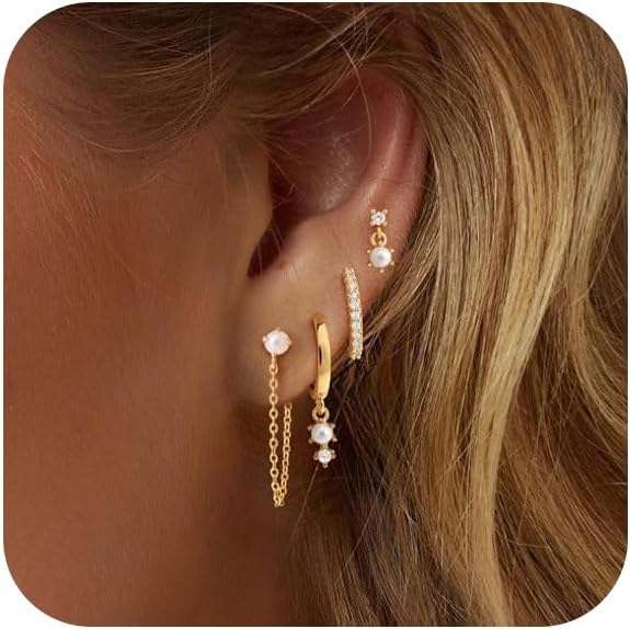 Gold Hoop Earrings for Women Trendy,Dainty Pearl Earrings Set 14K Gold Plated Huggie Earrings for Women Gold Stud Earrings Stack Small Cute Cartilage Hoop Earrings Jewelry for Women