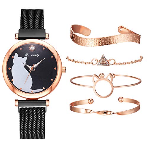 La Cabina Demiawaking Montre-Bracelet pour Femmes Dames Filles, Montre en Alliage Maille Ronde Mode Quartz Boucle Magnétique, avec 4pcs Bracelets Doré en Cristal Strass (Noir + Chat Blanc) Cover