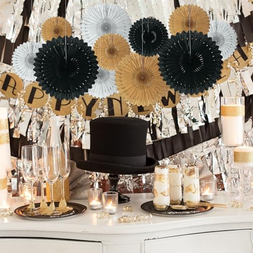 Image of 18 Pcs Black Gary Gold Hanging Paper Fan, Hanging Honeycomb Round Paper Fans for Weddings, Birthdays, Christmas, Baby Showers, Classroom, Events Ceiling Party Supplies Decorations