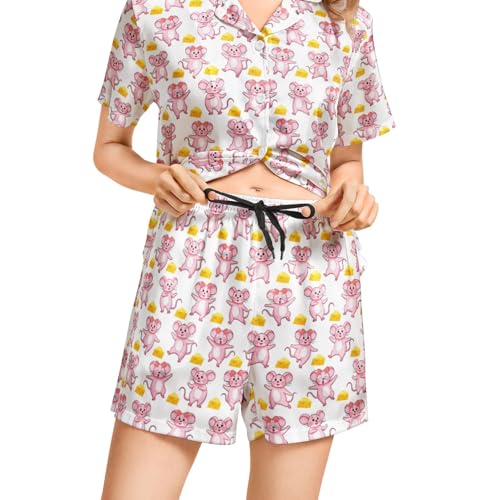 Image of Funny Pajamas for Women Set Print Satin Loungewear Pjs Short Sleeve Button Down Top and Shorts Sets Sleepwear XS-3XL