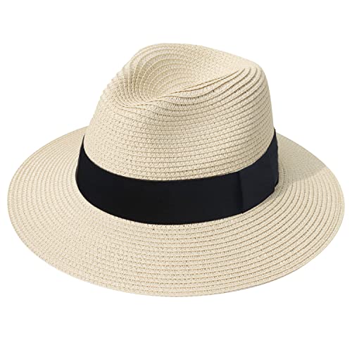 DRESHOW Women Straw Panama Hat Travel Fedora Beach Sun Hat Summer Wide Brim Straw Roll up Hats UPF 50+