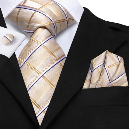Image of Hi-Tie Men Ties Sets Silk Stripe Paisley Necktie Pocket Square Cufflinks for Business Wedding