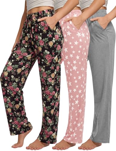 As low as 3 Pack Womens Pajama Pants Sleep Pj Lounge Bottoms with Pockets Soft Casual Pj Pants, Elastic Waistband, with Drawstring, Lightweight, High Waisted Pajama Bottoms, with Plus Size, Casual Try all colors sizes - image 1