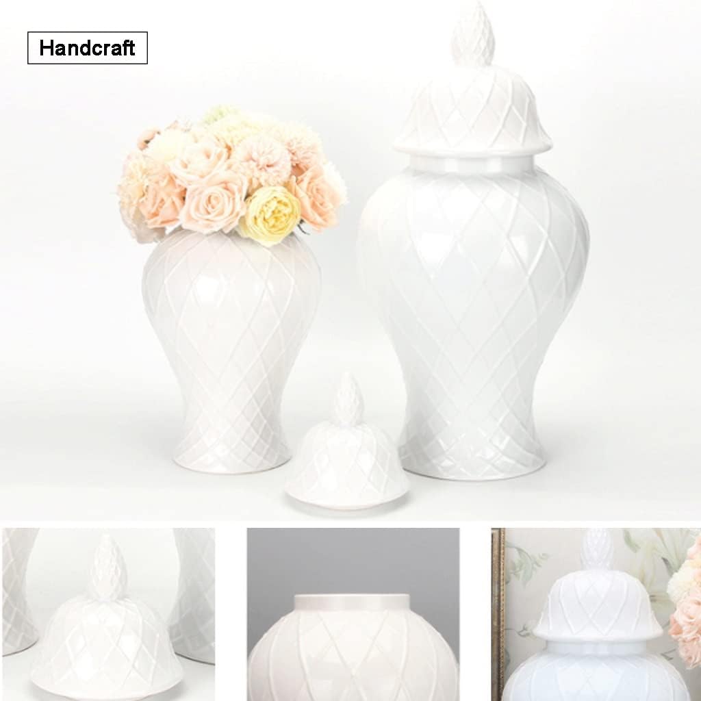 Ceramic Jars,Tea Jar,Chinese Style Storage Jars,Decorative Ceramic Ginger Jar with Lid, Diamond Pattern Geometric Jar, Decoration Temple Jar Porcelain White Flower Vases for Home Decor Jars