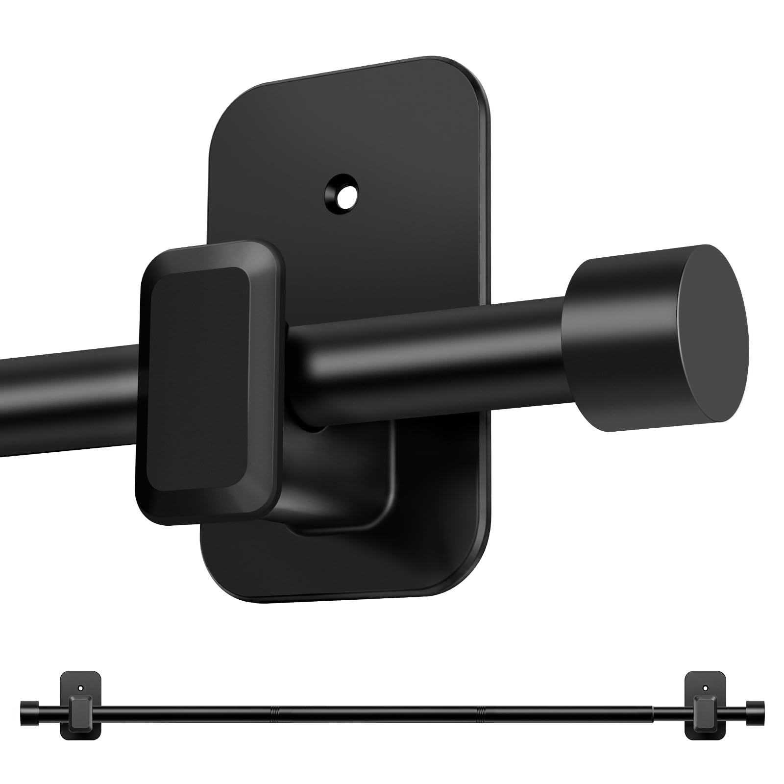 Curtain Poles No Drilling 81-142cm, Black Extendable Adhesive Curtain Rod with Brackets, 16mm Diameter Metal No Drill Curtain Poles for Wall Mounting, No Screws Curtain Rail for Windows Doors Bathroom