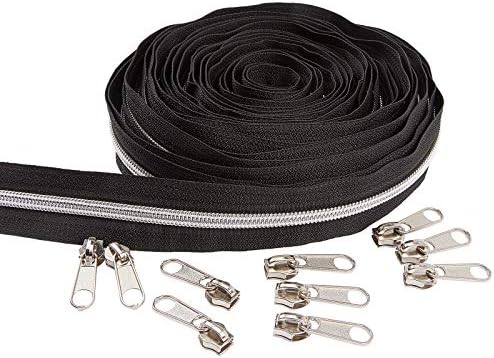 BENECREAT 10 Yards #5 Nylon Closed-end Zippers Black Nylon Coil Zippers with Silver Metallic Teeth, 30Pcs Zipper Pull Sliders for DIY Sewing Tailor Crafts Bags Tents