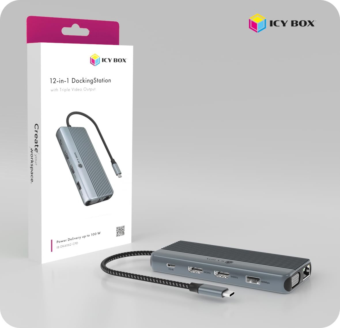 ICY BOX 12-in-1 USB-C Docking Station, Triple Display Dock mit 2X HDMI 4K, VGA, 100W Power Delivery, Gigabit LAN, SD/microSD Kartenleser, USB 3.2 Gen 1, Heart Dock 4062, IB-DK4062-CPD