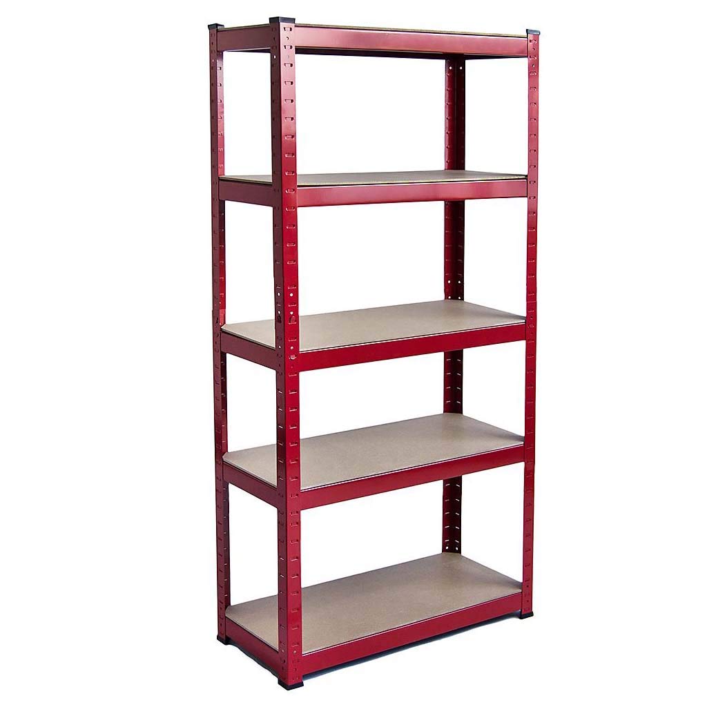 Składany i wysuwany regał domowy, 180 x 90 x 40 cm, 5-poziomowy metalowy regał garażowy z płytą MDF, łatwy montaż, czerwony