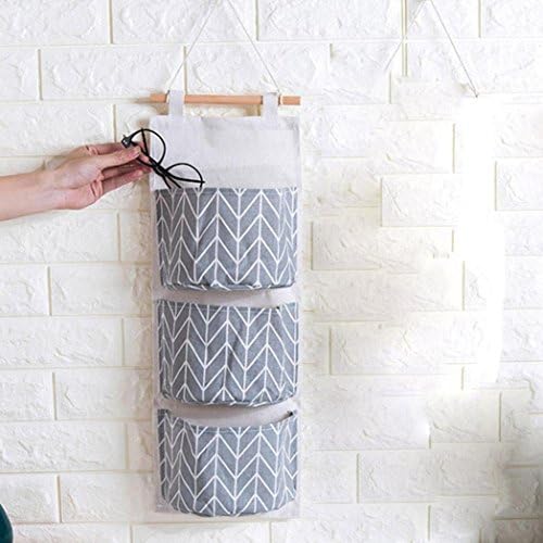 MINGZE Linen Hanging Storage Bag, Wall Mounted 3 Pocket Storage Bag, Over the Door Organizer Storage Bag, Wall-mounted Wardrobe Storage Bag Organizer (Gray geometric pattern)