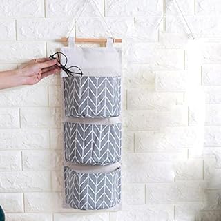 MINGZE Linen Hanging Storage Bag, Wall Mounted 3 Pocket Storage Bag, Over the Door Organizer Storage Bag, Wall-mounted Wardrobe Storage Bag Organizer (Gray geometric pattern)
