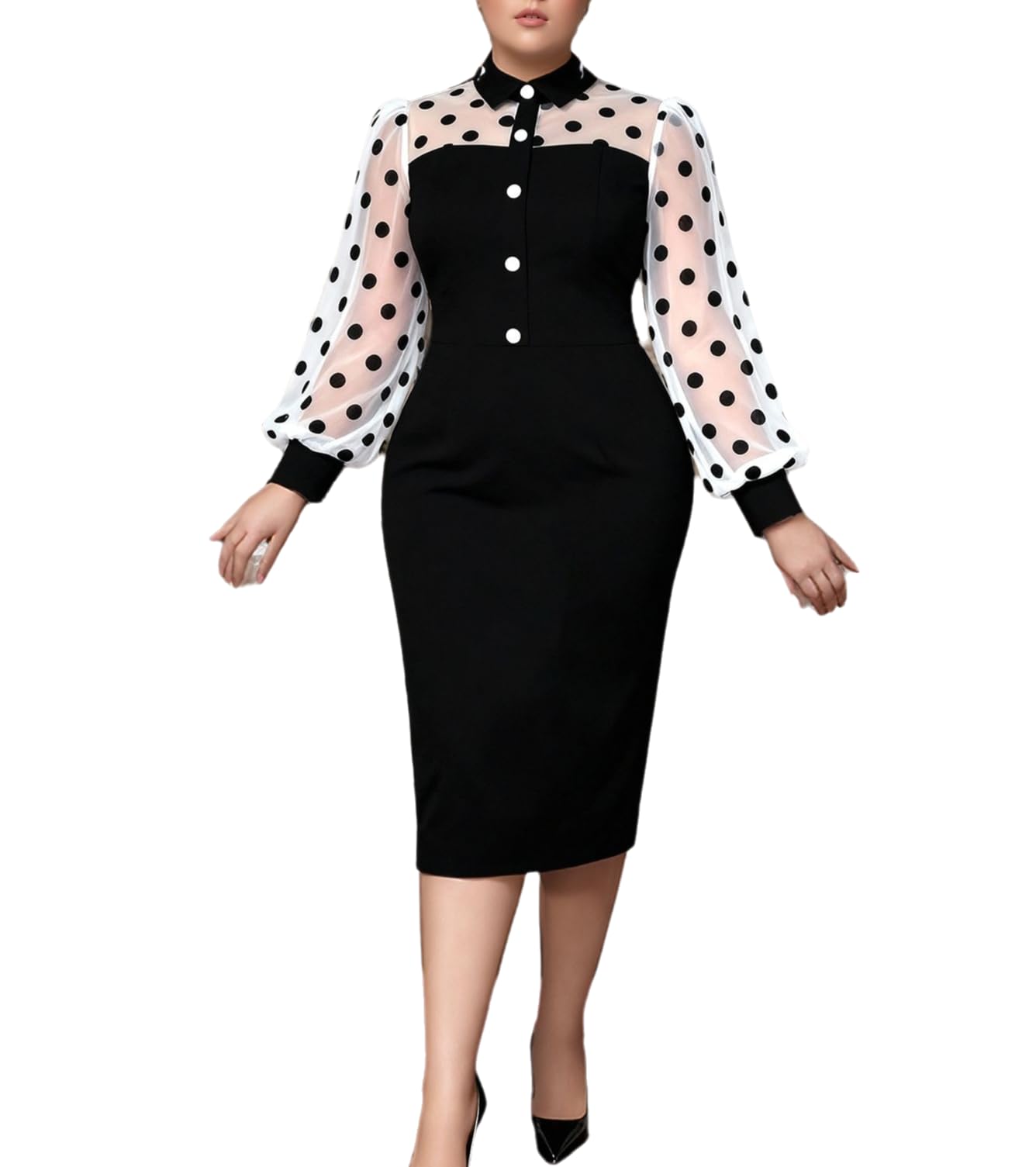 ONTINVA Bodycon Printed Dresses for Women Elegant Ploka Dot Midi Pencil Dress Long Sleeves Outfits Business Clubwear