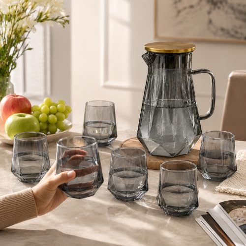Image of bellemax Smoky Grey Glass Water Jug and Juice Glasses (1 Jug + 6 Glasses) | Premium Glass Water Serving Set with Golden Lid | Modern Juice, Water, Mocktail & Beverage Pitcher Set of 7
