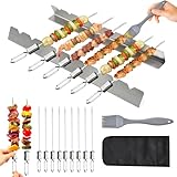 12 Stück BBQ Edelstahl Grillspieße Set, Wiederverwendbare Schaschlikspieße Rouladenspieße mit Schaschlik-Rack Bürste Aufbewahrungstasche Grillzubehör Gasgrill für Fleisch Gemüse