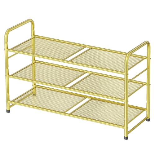 Image of Modern Shoe Rack, 3 Tier Heavy Duty Metal Mesh Shoe Shelf 27 Inch Wide, Gold