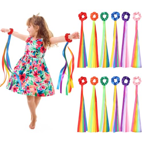 Image of VioraWhite 12 Pcs Rainbow Dance Ribbons Rainbow Rhythm Ribbons Wrist Streamers Hand Held Rhythm Streamers Gymnastics Dance Decorations for Kid Adult, Assorted Color (0.8 x 19.7 Inch,Multiple Colors)