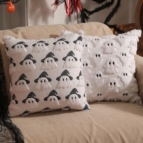 multiwins Halloween Decorations Set of 2 Double-Sided Halloween Pillow Covers 20" x 20", with 2 Different Looks, Cure White Ghost & Ghost with Hat, Plush Faux Fur Throw Pillow Covers for Home Decor