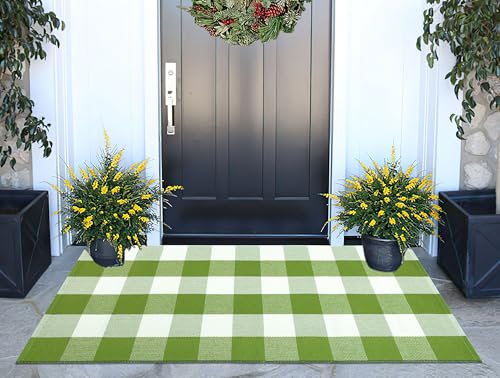 Buffalo Plaid Outdoor Rug 24x51Green and White Checkered Front Porch Rug Cotton Woven Washable Door Mat Outdoor for Layered Hello Welcome Door Mat Farmhouse Entryway