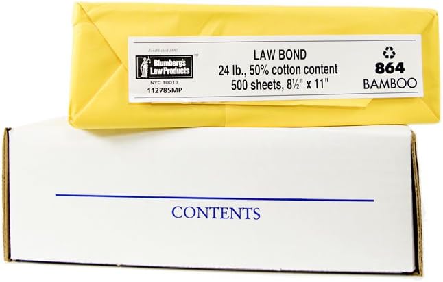 Blumberg's Law Bond 24 lb., 8.5" x 11", 50% Cotton Paper, 100% Recycled, Archival Quality Paper for Legal Documents, 1000 Sheets (Bamboo)