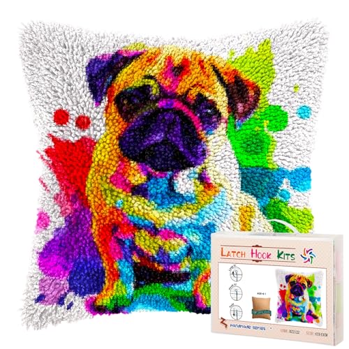 Watercolor Cute Pet Dog Pug DIY Latch Hook Pillow Kits for Adults Printed Pillowcase Crochet Yarns Hooking Handmade Pillow Cover Cushion for Home Sofa Decoration 17x17inch