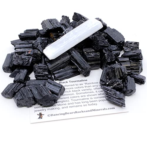 DANCING BEAR Black Tourmaline Crystals Bulk (1 LB), Includes: (1) Selenite Stick & Information Cards, Rough Raw Natural Stones for Good Vibes, Reiki Energy, Made in USA