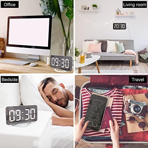Digital Clocks Bedside, LED Mirror Surface Alarm Clocks Bedside with Light Sensing Dimming Mode, 3 Levels Adjustable Brightness, Dual USB Ports, Snooze Function Portable Alarm Clock for Bedroom(White)
